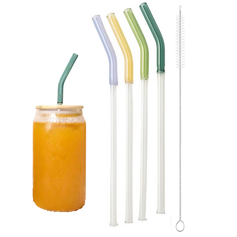 Reusable Glass Straws – Half-Color Bent Design (Set of 4 + Cleaning Brush)